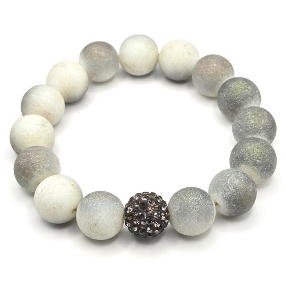 Jewelry - Grey White Matte Druzy Style Bead Stretch Bracelet Pave Rhinestone Focal 12mm